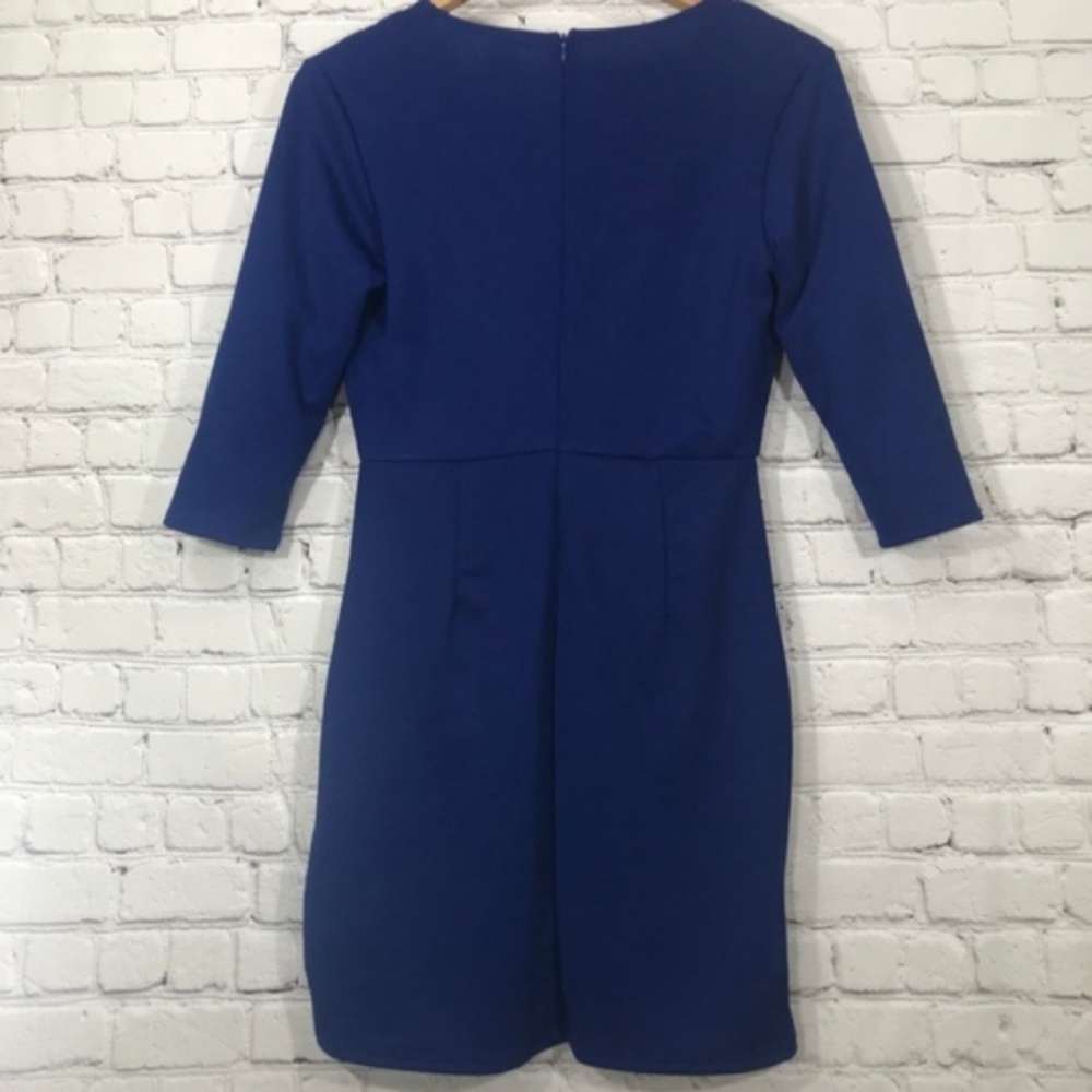 Blue Mini Dress Deep V Neck Wrap 3/4 Sleeve Small - Picture 2 of 5